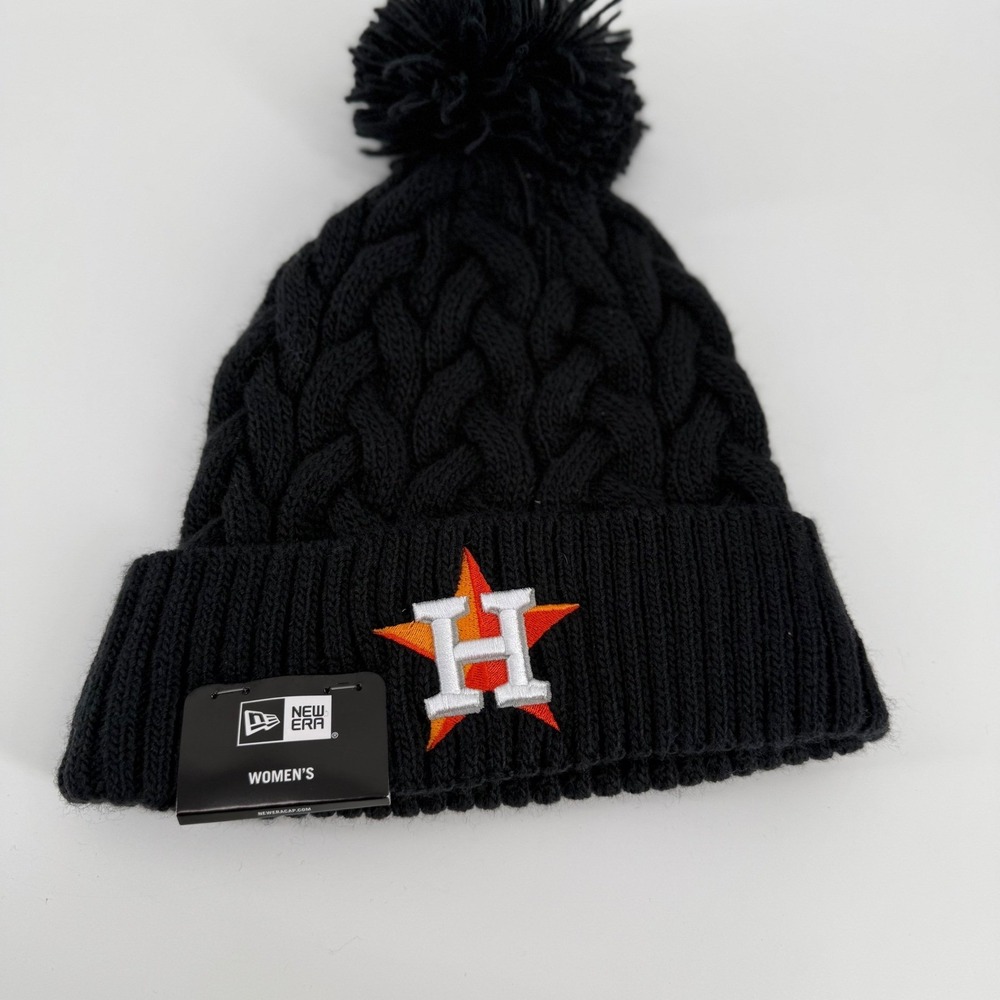 New Era Womens Houston Astros Black Cabled Knit Pom Beanie Hat